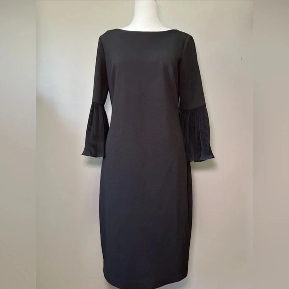 Calvin Klein Black Sheath Midi Dress Bell Sleeves Size 6 Office Business - Picture 1 of 8